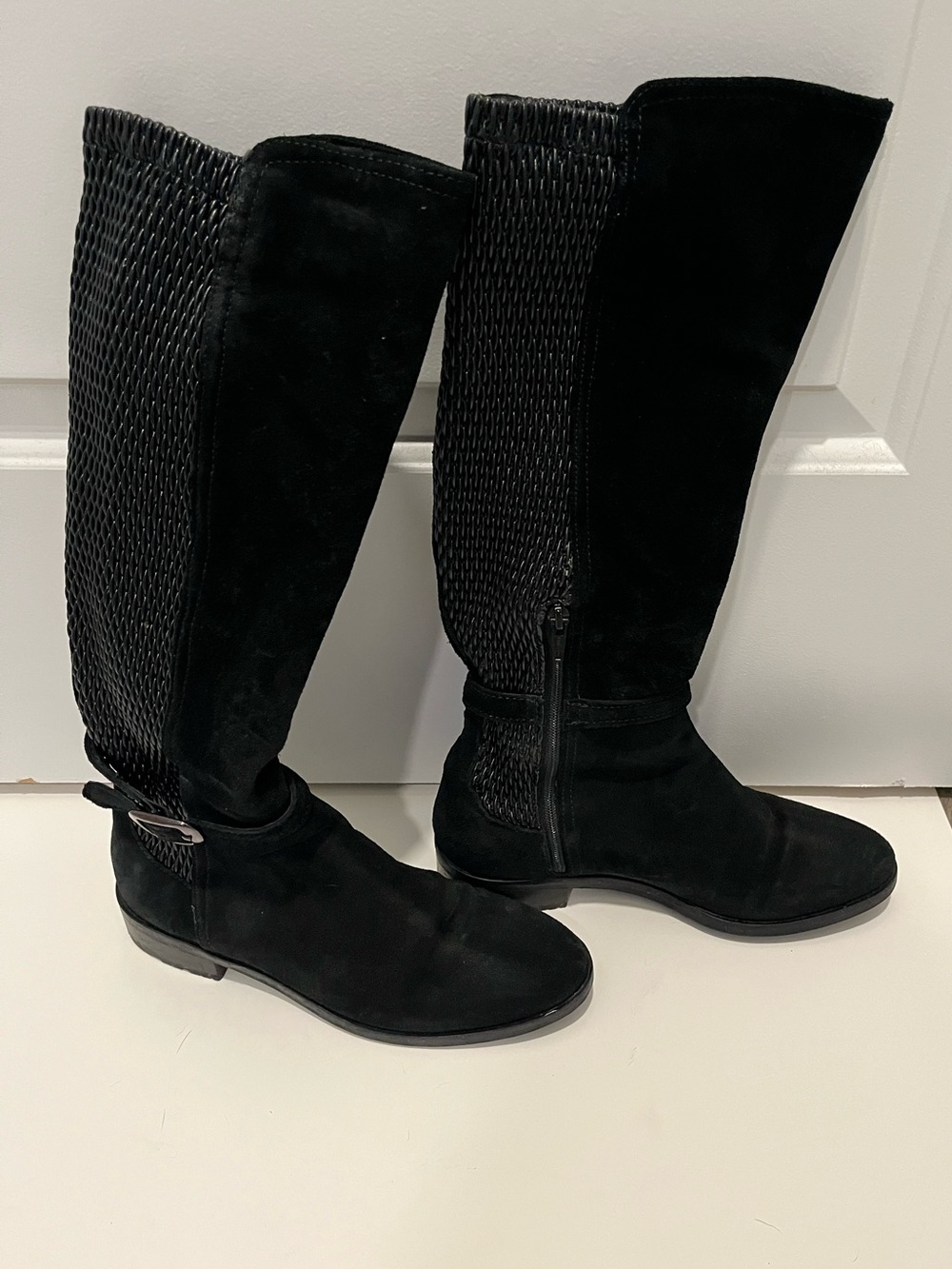 Fabianelli Made in Italy Black Suede Riding Boots with Textured Panel